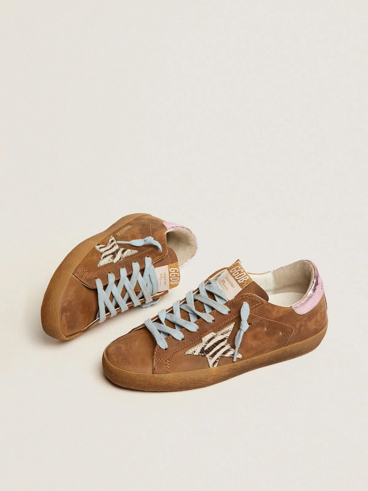 Super-Star sneakers in brown waxed suede with a zebra-print pony skin star